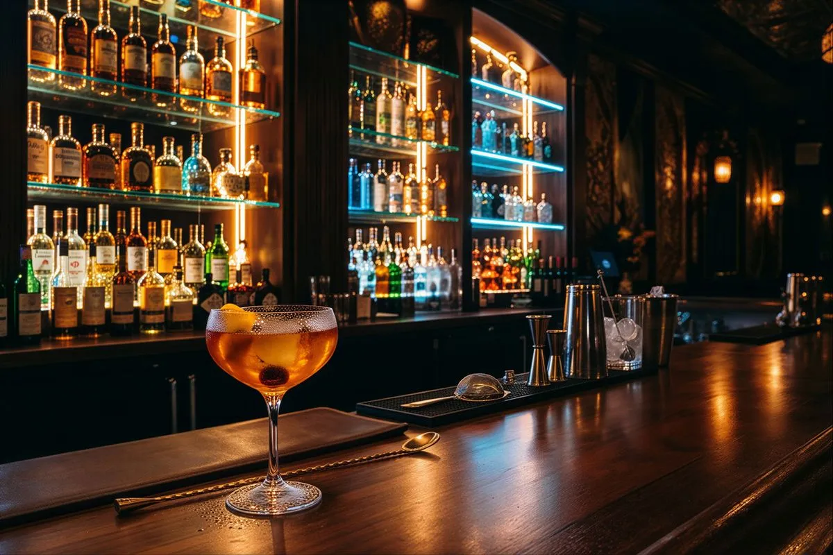 Colorful cocktails and spirit bottles at a stylish Florida bar