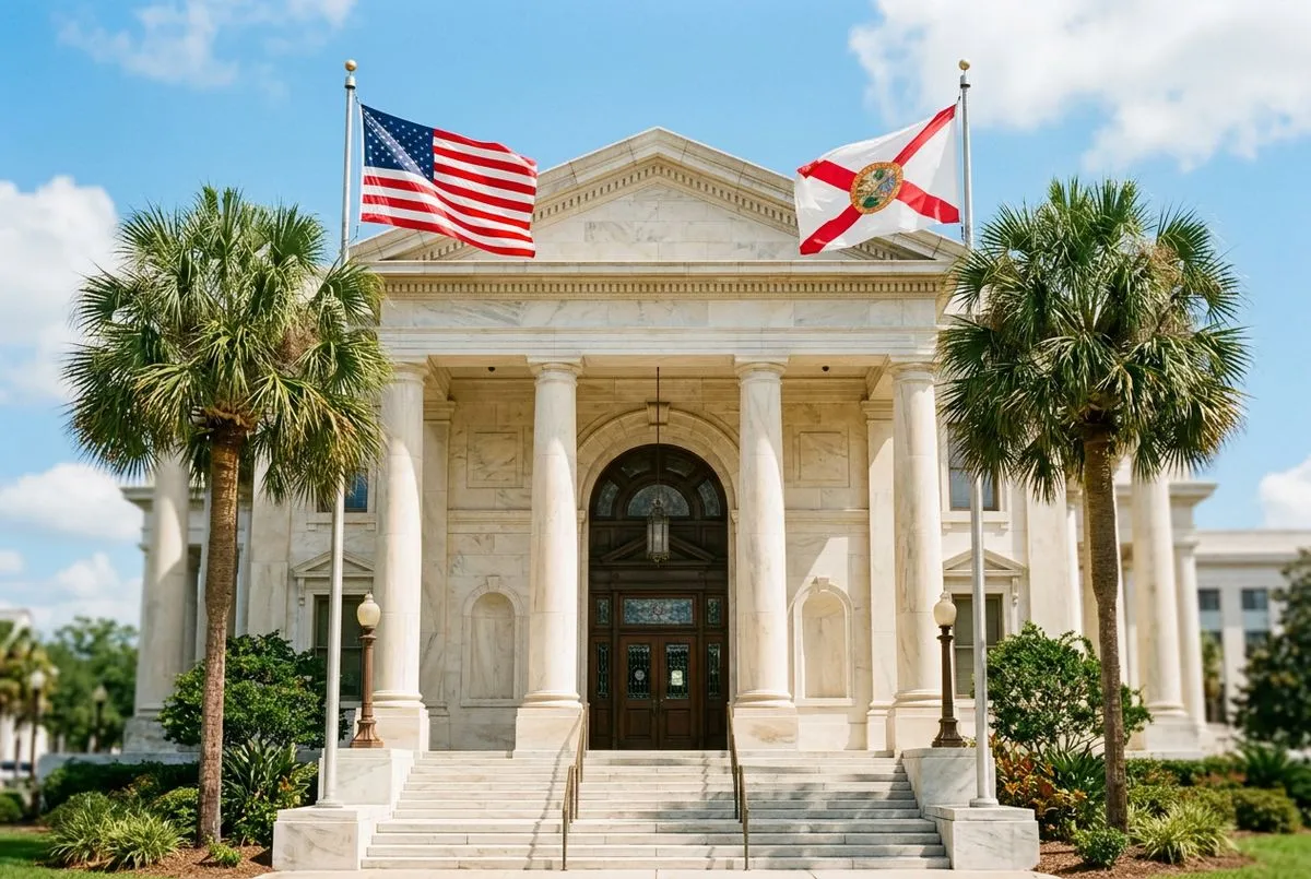 Florida government building facade with palm trees