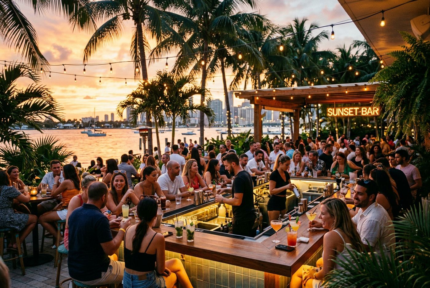 Bustling outdoor waterfront bar in Miami at sunset with palm trees, string lights, and crowds enjoying cocktails